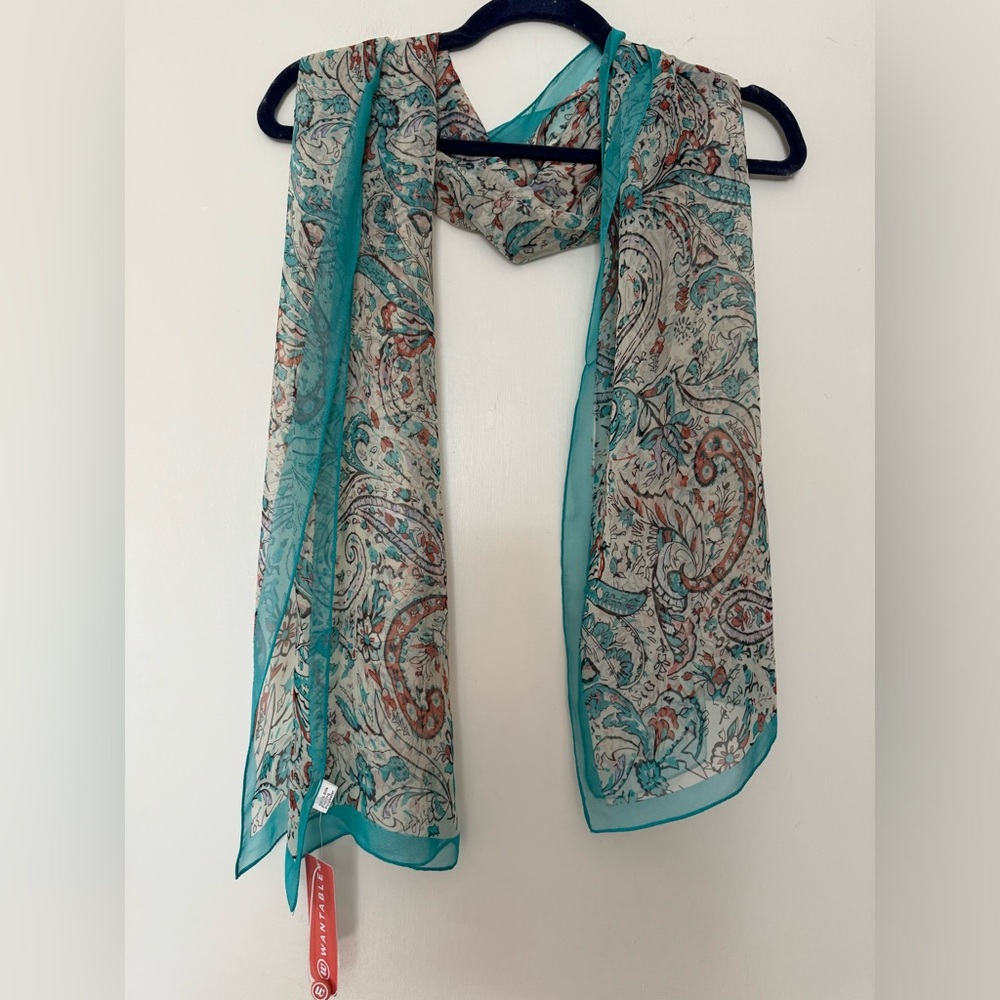 Paisley print chiffon scarf in turquoise. NWT